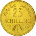 1926-1931 1/10 oz Austria Gold First Republic 25 Schilling Gold customary in banking