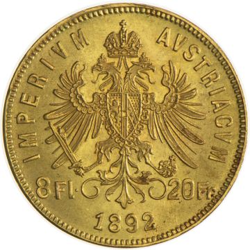 5.81g Austria Gold Austria-Hungary 8 Gulden customary in banking