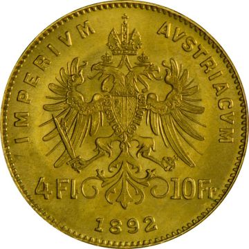 1892 2.90g Austria Gold 4 Gulden customary in banking