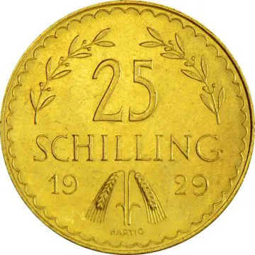 1926-1931 1/10 oz Austria Gold First Republic 25 Schilling Gold customary in banking