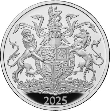 2025 26.16g Great Britain Silver 2025 28.28gm UK £5 Silver Coat of Arms of King Charles III. PP
