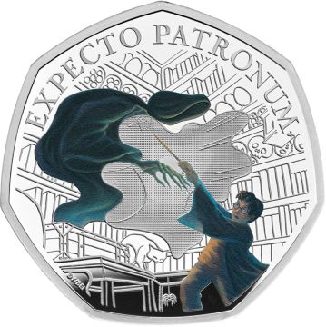 2025 7.40g Great Britain Silver 2025 8gm UK Harry Potter - The Patronus 50p Brilliant Uncirculated Colour Coin PP