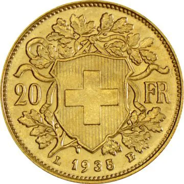 1/4 oz Switzerland Gold Switzerland 20 francs Vreneli gold customary in banking