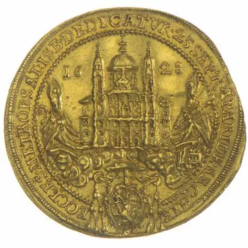 1628 1/25 oz Gold 6 Ducats on the cathedral consecration tiny. Handle trace, otherwise for VZ