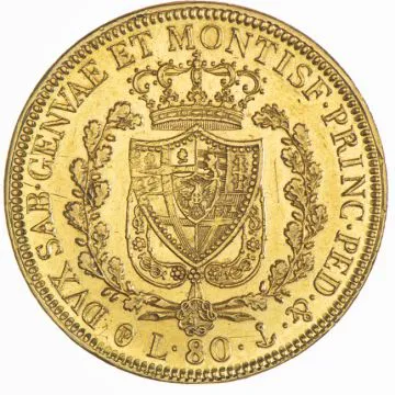 1830 1/25 oz Italy Gold 80 Lire 1830 P Bz. Anker VZ-, kl. Kr. im Av