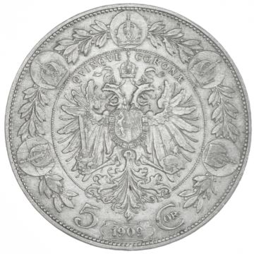 1909 Austria Silver 5 Crowns of St. Schwartz SS, small crown, tempered.