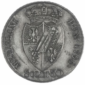 1796 Austria Silver 30 Soldi Mailand VZ, marking traces