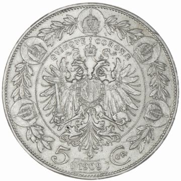 1909 Austria Silver 5 Kronen St. Schwartz SS+, small category.