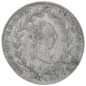 1786 1/25 oz Austria Silver 20 Kreuzer SS+, small initials, minimum clarity.