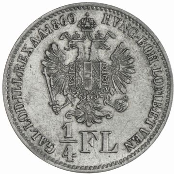 1860 Silver 1/4 Gulden B VZ, somewhat stained, traces of binding removed (?).