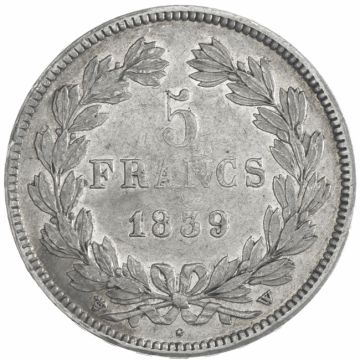 1839 France Silver 5 Francs W VZ/SS, small crow.