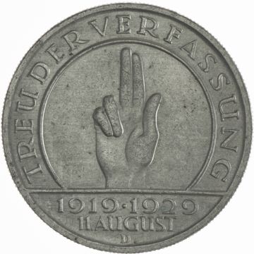 1929 Germany 5 Reichsmark D Schwurhand VZ, small crown.
