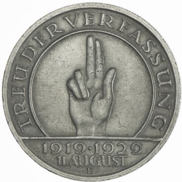 1929 Germany 5 Reichsmark E Schwurhand VZ, small crown.