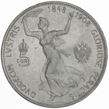 1908 Austria Silver 5 Kronen 1908 Regierungsjubiläum VZ-, ger.