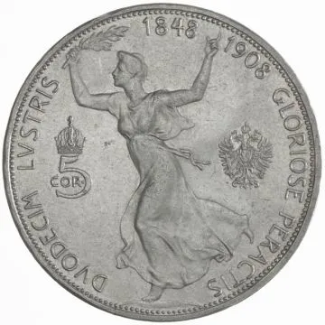 1908 1/25 oz Austria Silver 5 Kronen 1908 Regierungsjubiläum VZ-, ger.