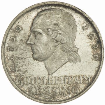 1929 Germany Silver 5 Reichsmark G Lessing VZ, etwas angelaufen, =SELTEN=