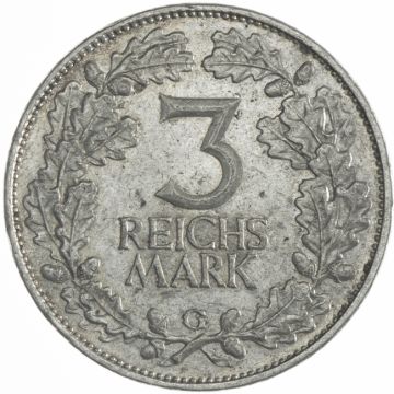1925 3 Reichsmark 1925 GD Rheinland VZ, small crown.