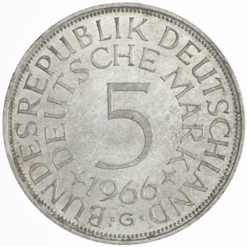 Germany Silver 5 Mark 1966 G VZ, =SEHR SELTEN= ohne Randschrift