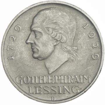 1929 Germany 5 Reichsmark 1929 D Lessing VZ, min. angelaufen