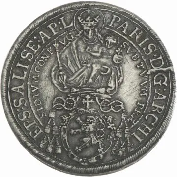 1644 1/25 oz Silver Taler VZ, small crack, patinated and aged cleaned, stamp break.