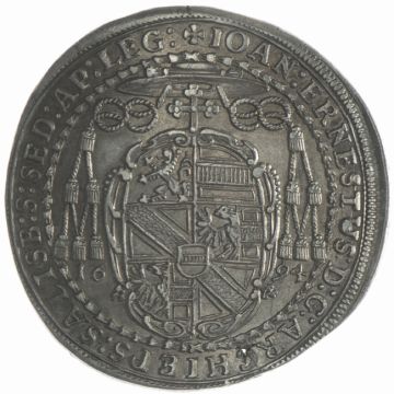 1694 Silver Taler Salzburg VZ, beautiful patina, slight erosion at 7 o'clock.