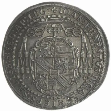 1694 1/25 oz Silver 1/2 Taler Salzburg VZ, beautiful patina, slight erosion at 7 o'clock.