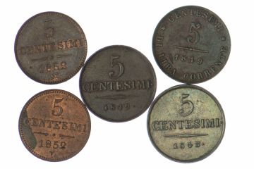 19. Jh. Austria Copper Lot (5) 5 Centesimi V, M SS to VZ, small crown.