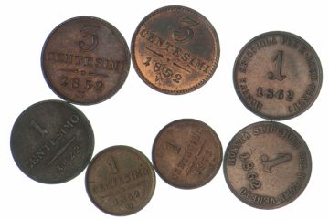 19. Jh. Austria Copper Lot (7) 3 Centesimi M, V, Centesimo V, M SS to f. VZ, small crown.