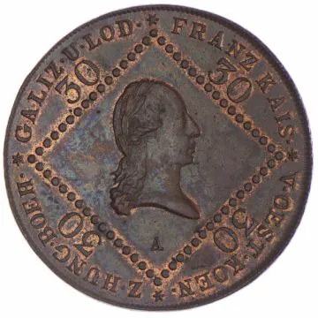 1807 1/25 oz Copper 30 Kreuzer VF, traces of mint luster, fine scratches.