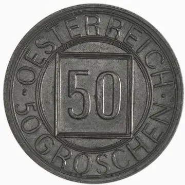 1934 1/25 oz Copper-Nickel 50 Groschen, so-called Nachtschilling VZ