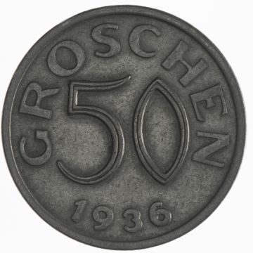 1936 Austria Copper-Nickel 50 Groschen VZ, splotchy