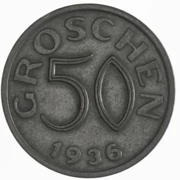 1936 1/25 oz Austria Copper-Nickel 50 Groschen VZ, splotchy