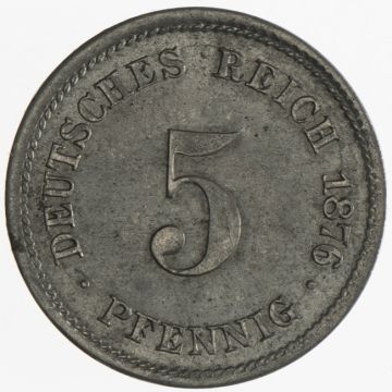 1876 Germany Copper-Nickel 5 Pfennig 1876 D VZ, splotchy